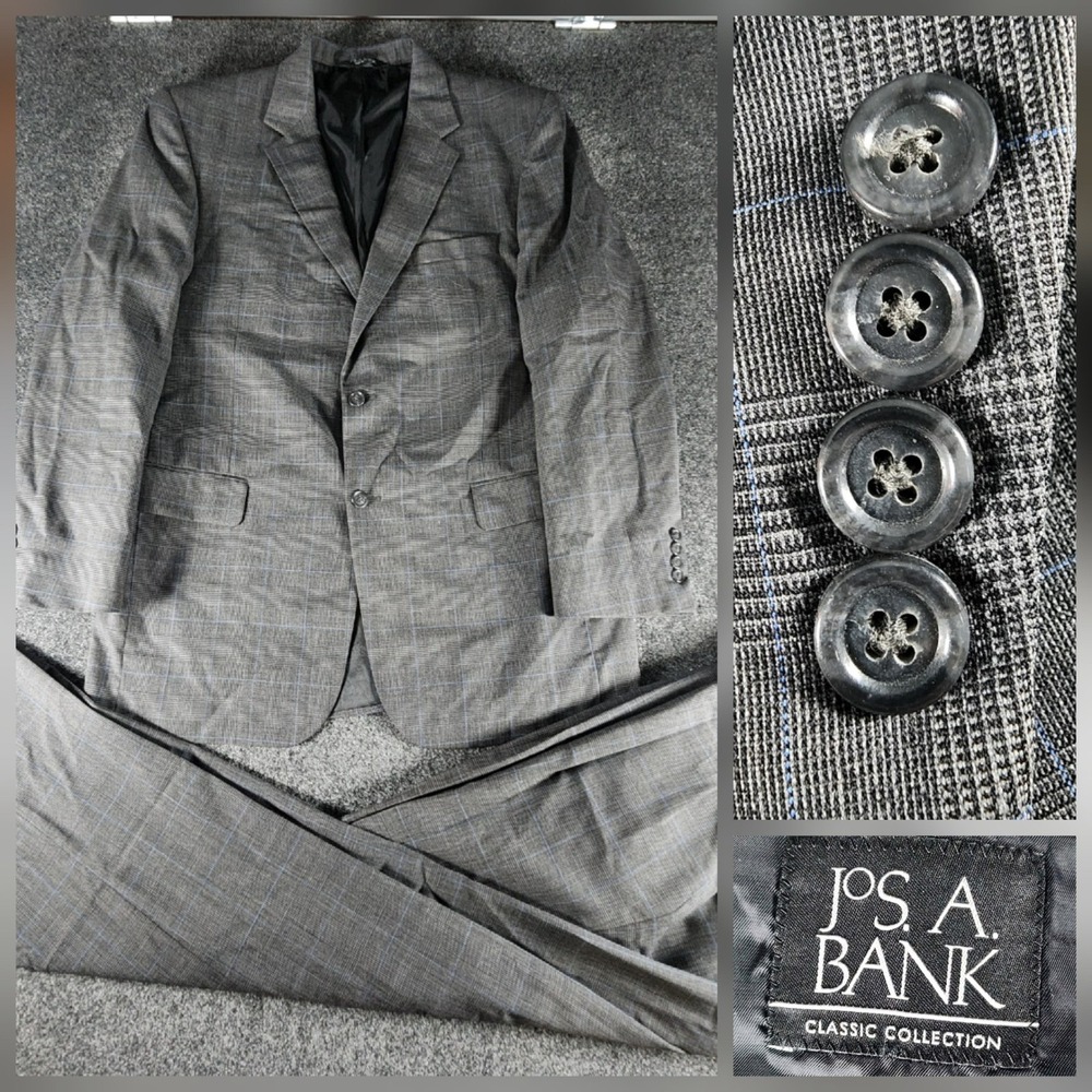 Jos. A. Bank Classic Collection Suit Mens 43L Pants 36x33 Grey Blue Plaid Wool